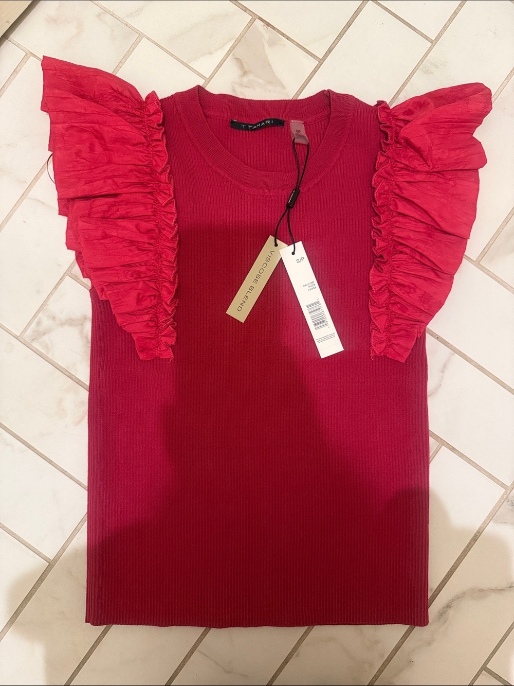 Tahari Ruffle-Sleeve Ribbed Tank